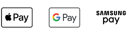 Logo icons for Apple Pay, Google Pay and Samsung Pay.