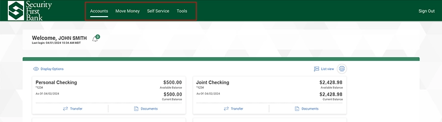Image of the new navigation menu in Online Banking.