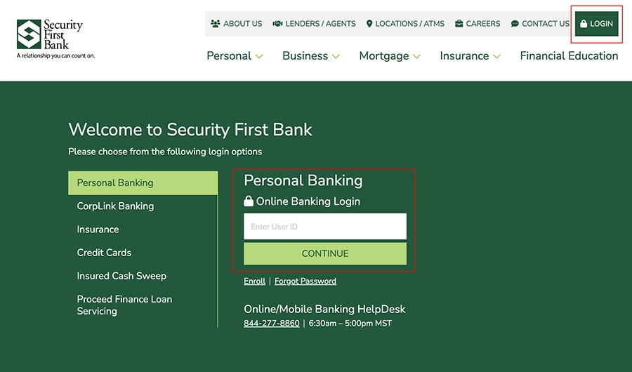Webpage on the security1stbank.com website where you go to login to Online Banking.