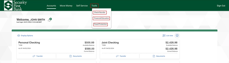 Tools navigation menu option within Online Banking.