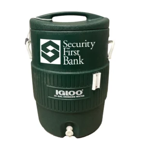 Ten gallon igloo cooler with Security First Bank logo