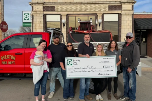 $10,000 check presentation from Security First Bank staff to the Overton Volunteer Fire Department.