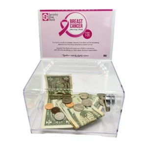 Breast Cancer Awareness clear donation box with the breast cancer awareness insert