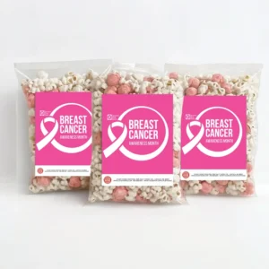 Colby Ridge popcorn with Breast Cancer Awareness label