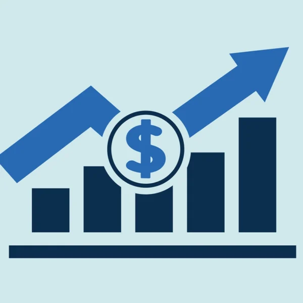 Illustration of a rising bar graph with an upward arrow and dollar sign, representing financial growth.